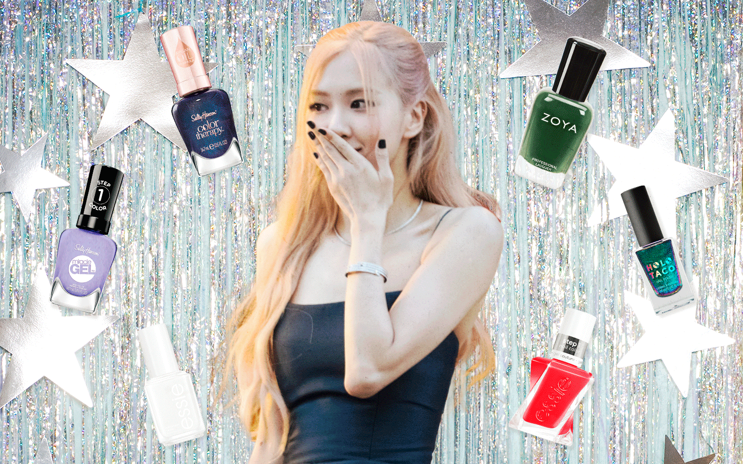 Composite showing BLACKPINK's Ros wearing a black dress and matching nails against a prom photo background with stars...