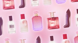 Composite showing perfume bottles from Glossier Kayali Lancome and Carolina Herrera some of Teen Vogue's top picks for...