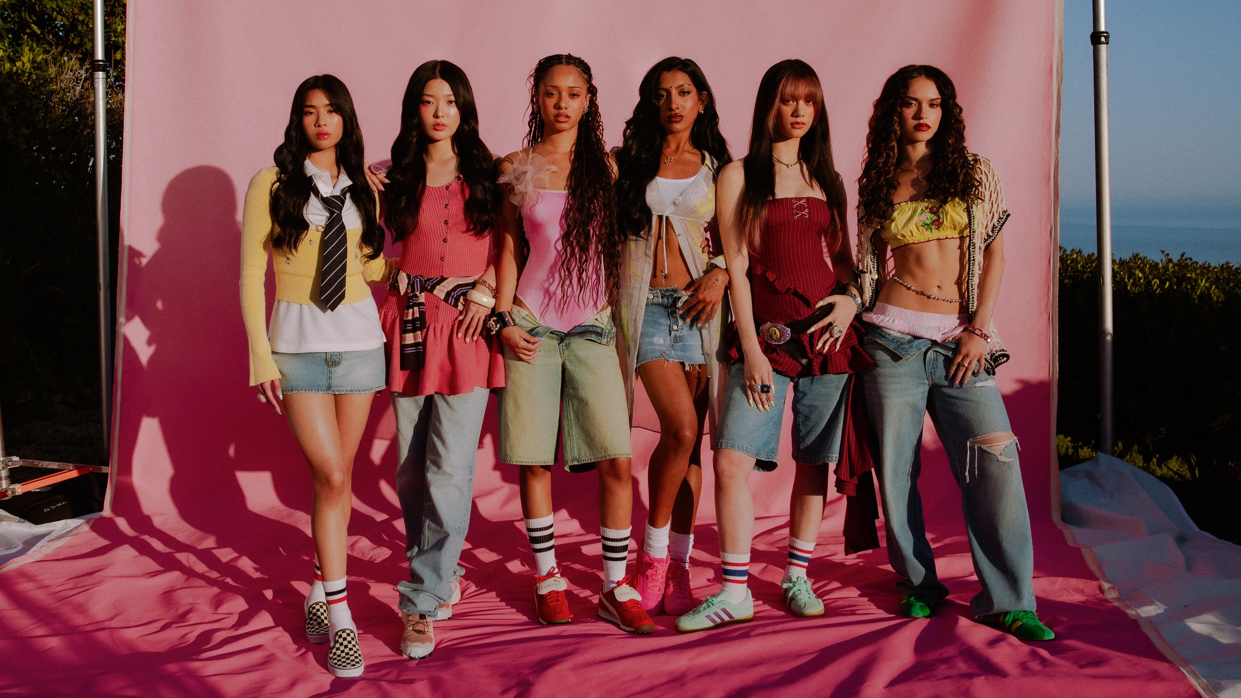 The KATSEYE members. From Left to Right Sophia Yoonchae Manon Lara Megan and Dani photographed in the golden hour Malibu...