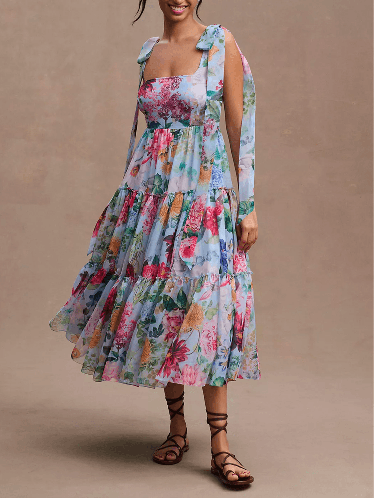 BHLDN Isabella Tiered Square-Neck A-Line Midi Dress 