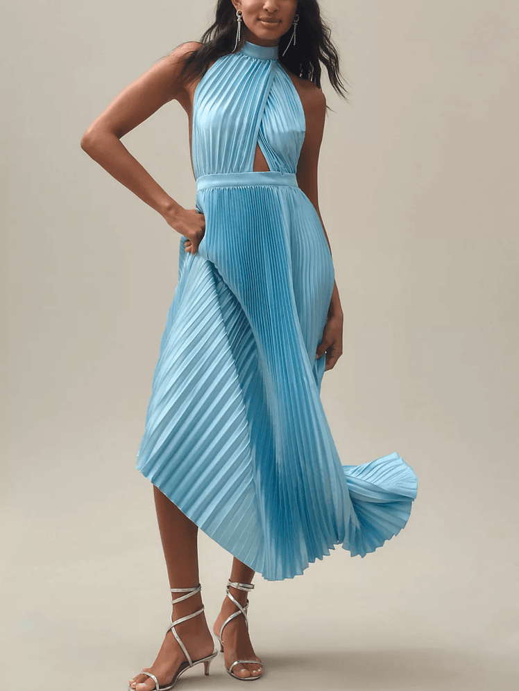 L'IDEE Renaissance Halter Side-Slit Pleated Maxi Dress 