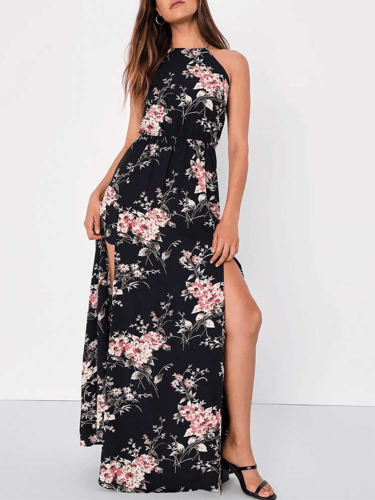 Lulus Feel the Music Midnight Blue Floral Print Maxi Dress 